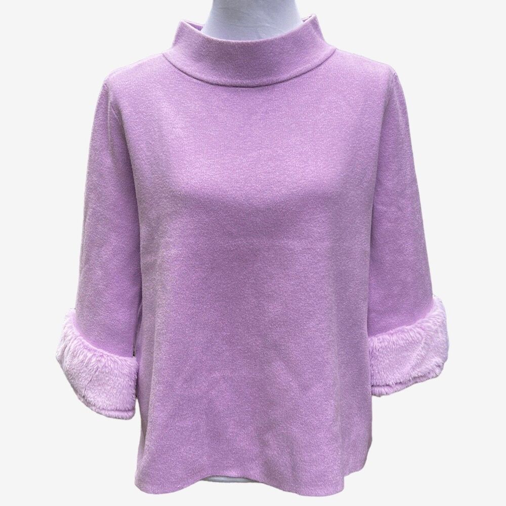 Fate sweater pullover sweater Lilac purple  fur trim 3/4 sleeves, mock neck Sm - Picture 2 of 5